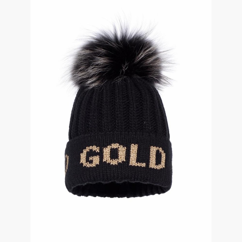 Black / Gold Goldbergh HODD faux pom Beanie | 25108-EFQT